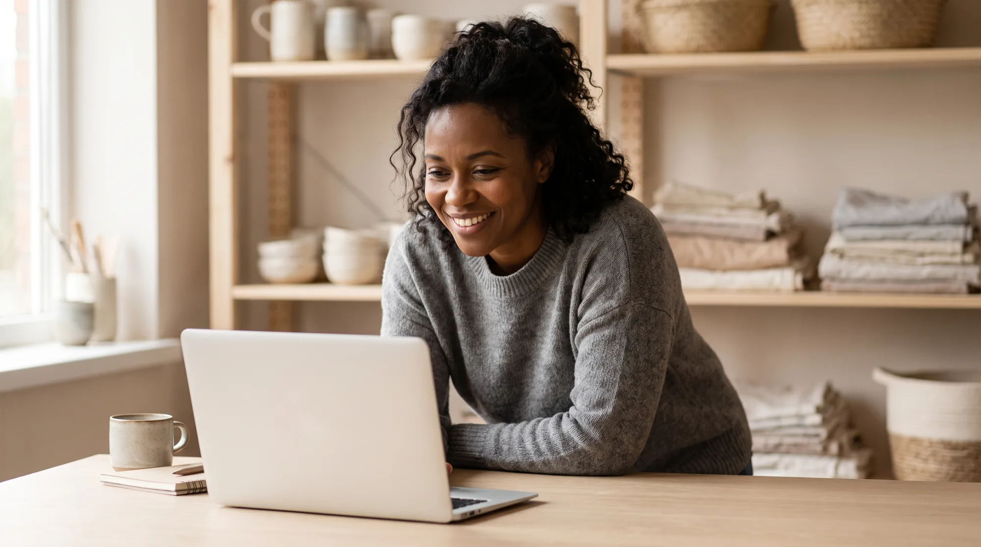 A business owner working at a laptop in her shop