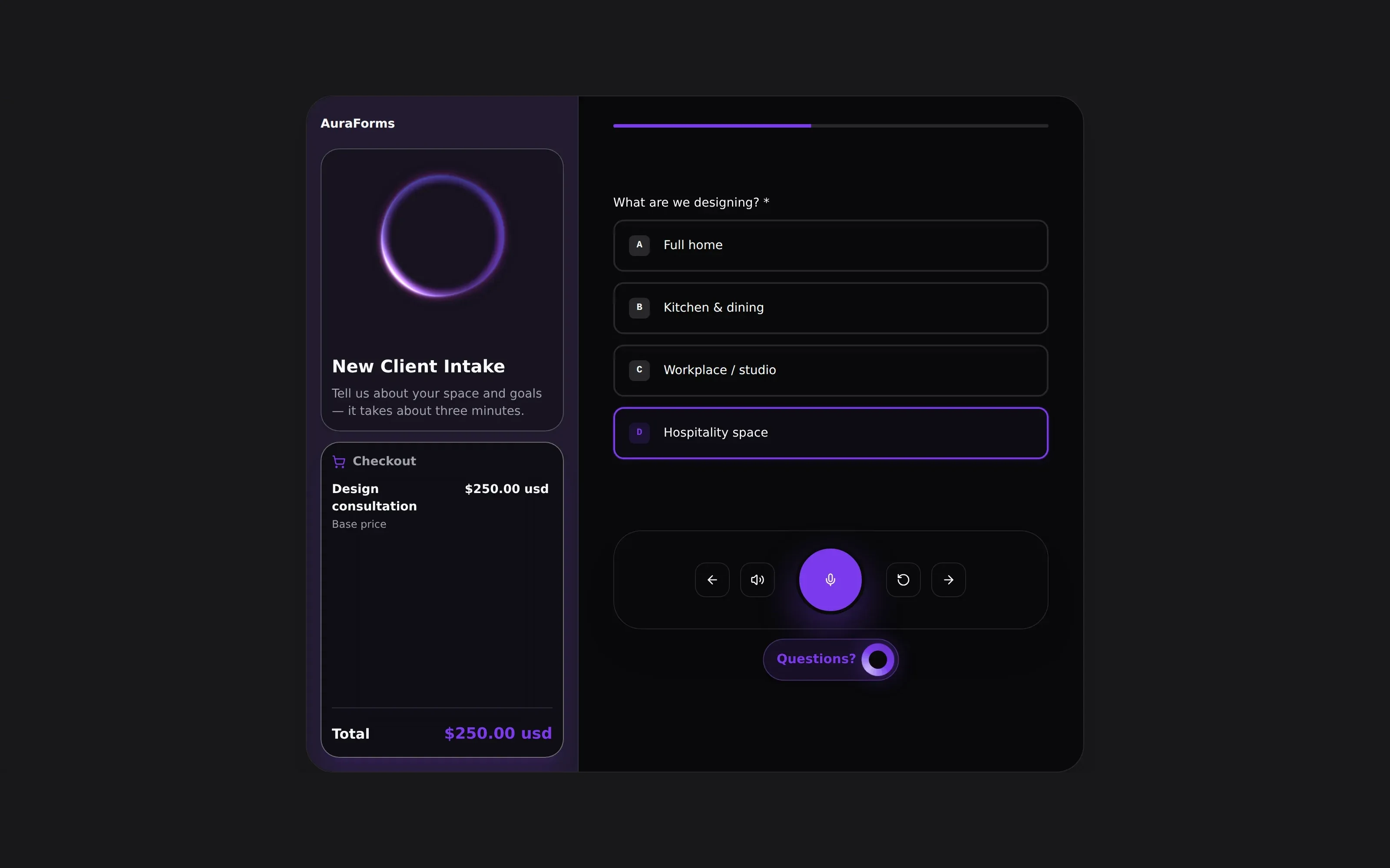 Professional Services & Consulting customer experience built in Aura Forms