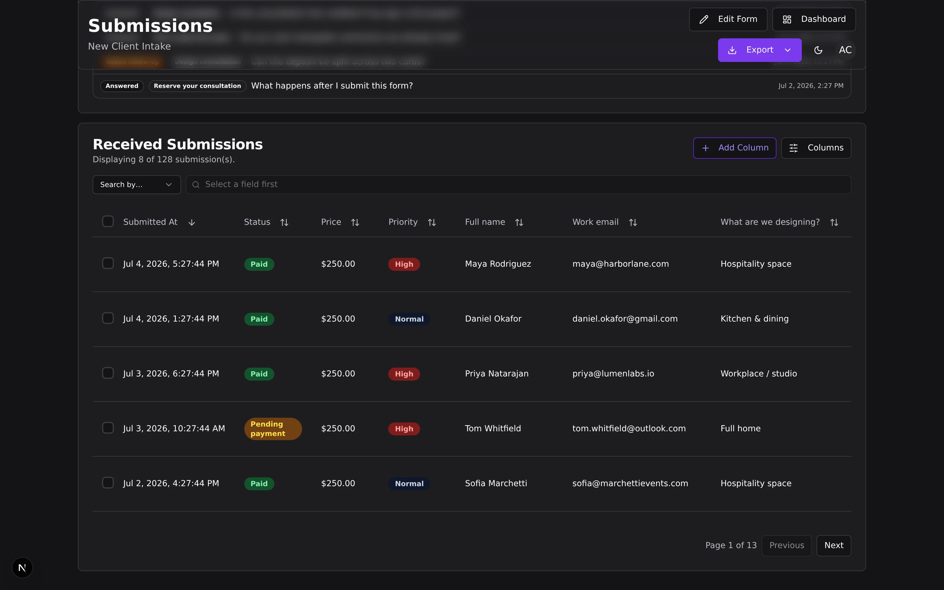 AuraForms submissions workspace showing organized customer results
