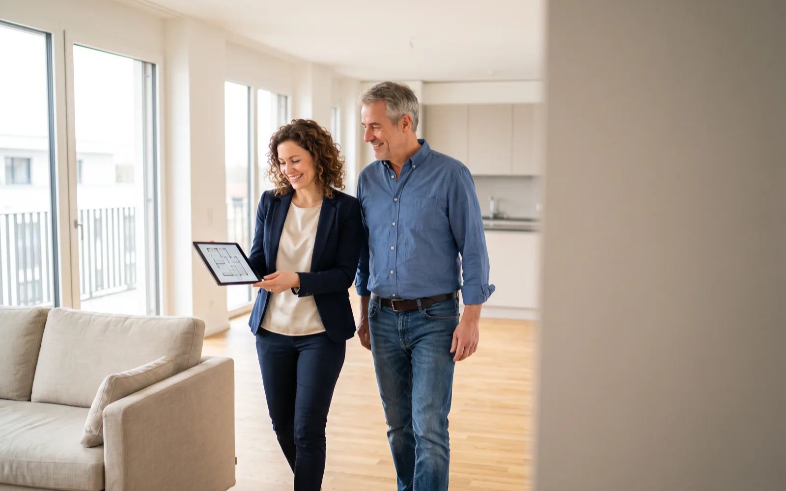 Property manager walking through a modern rental property with a property owner