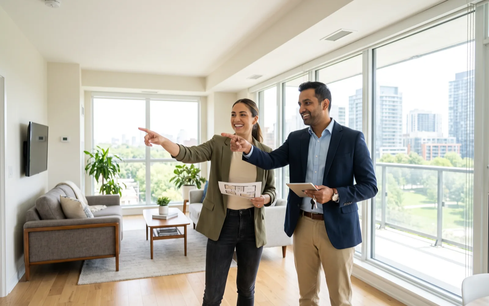 Prospective resident and leasing professional viewing a bright modern apartment