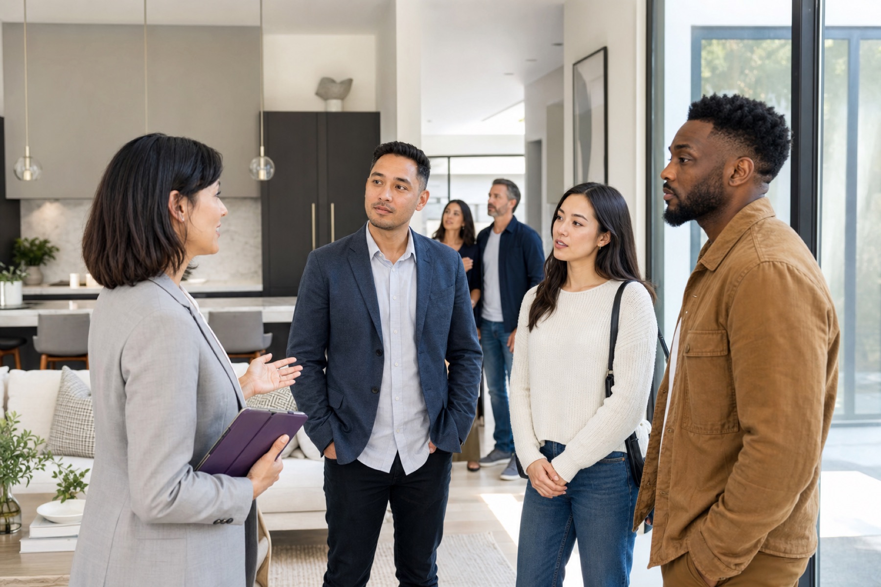 Prospective buyers touring an open house with a real estate advisor